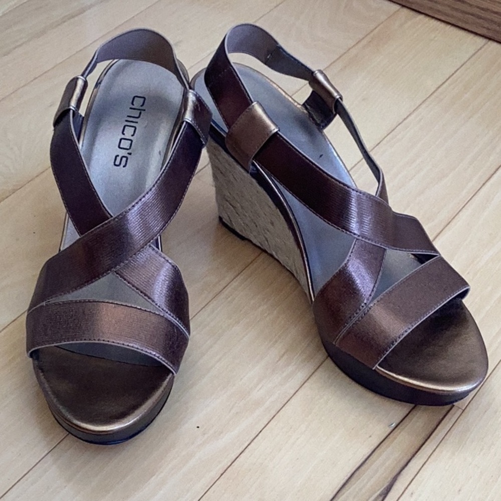 CHICOS bronze, open toe sling back espadrille wedge sandals. Women size 9.5 - Picture 3 of 16